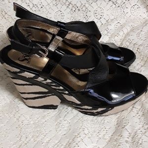 Sofft Black Patent Leather Zebra-Print Platform Wedges